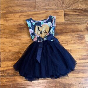Birthday SIX glitter Floral Dress with Gold Heart and Navy Skirt